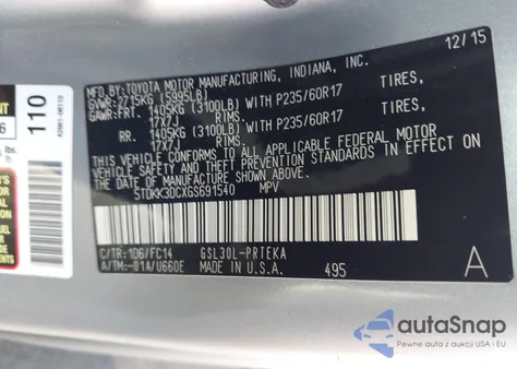 2016 Toyota Sienna Le z USA, uszkodzony, nr VIN 5TDKK3DCXGS691540